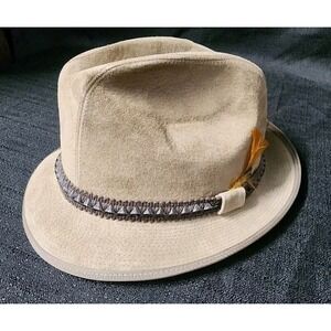 Vintage Hush Puppies Brushed Pigskin Fedora Style Hat Size 7 1/4 Tan Feather NEW